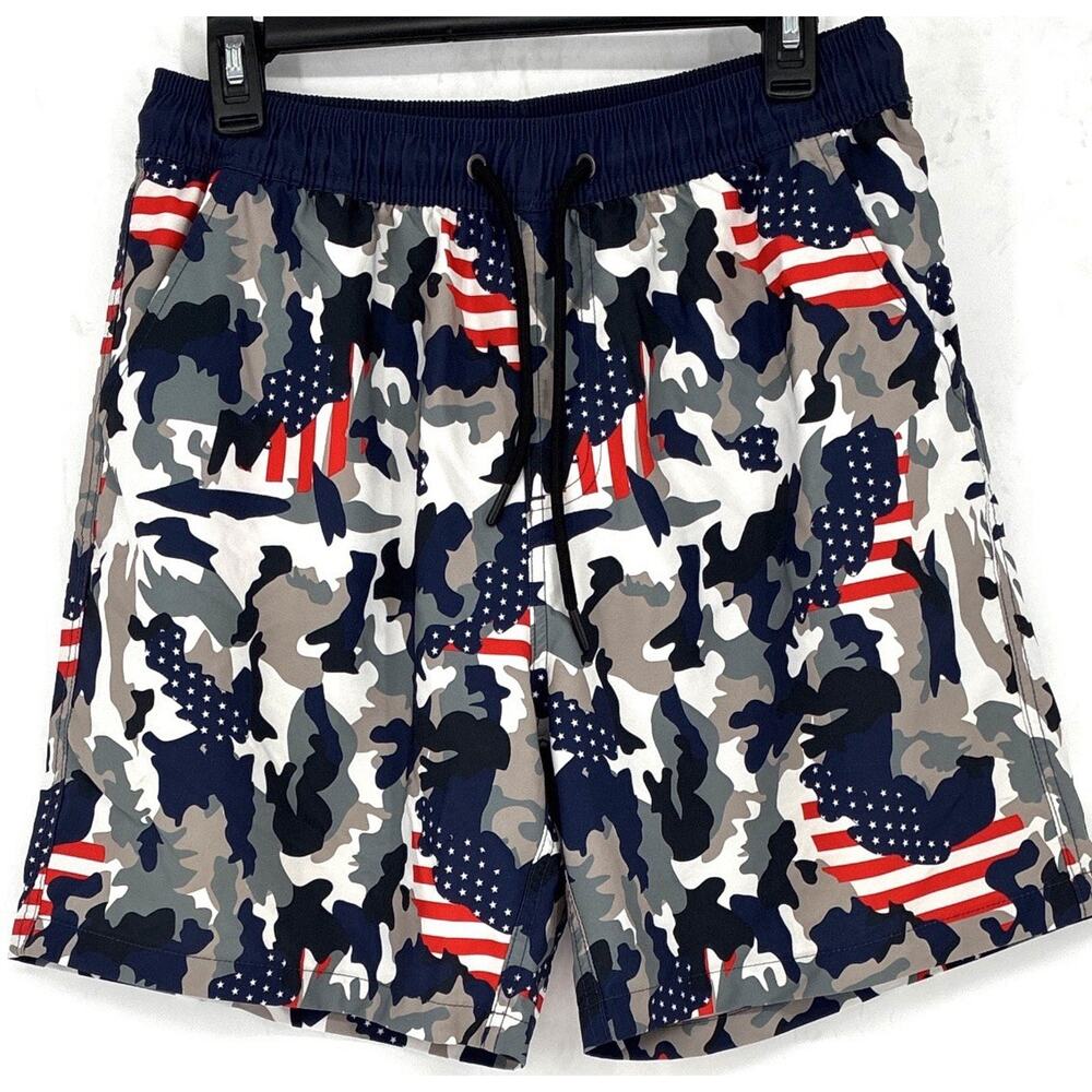Red Wht Blue Americana Mens L Red Drawstring Elastic 250th BDAY Swim Trunk Mesh